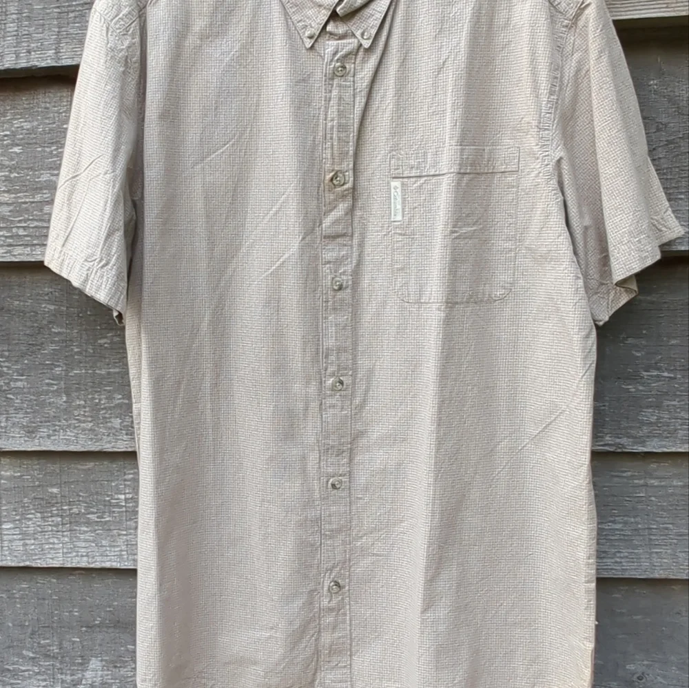 Columbia Mens Large Short Sleeve Button Up Cotton Shirt Plaid Tan and White - Picture 4 of 11
